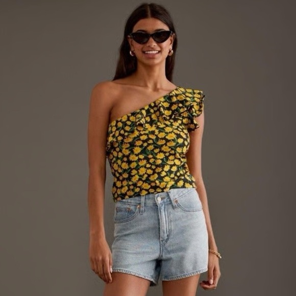 Maeve Tops - Maeve Anthropologie One-Shoulder Floral Ruffled Tank Top
